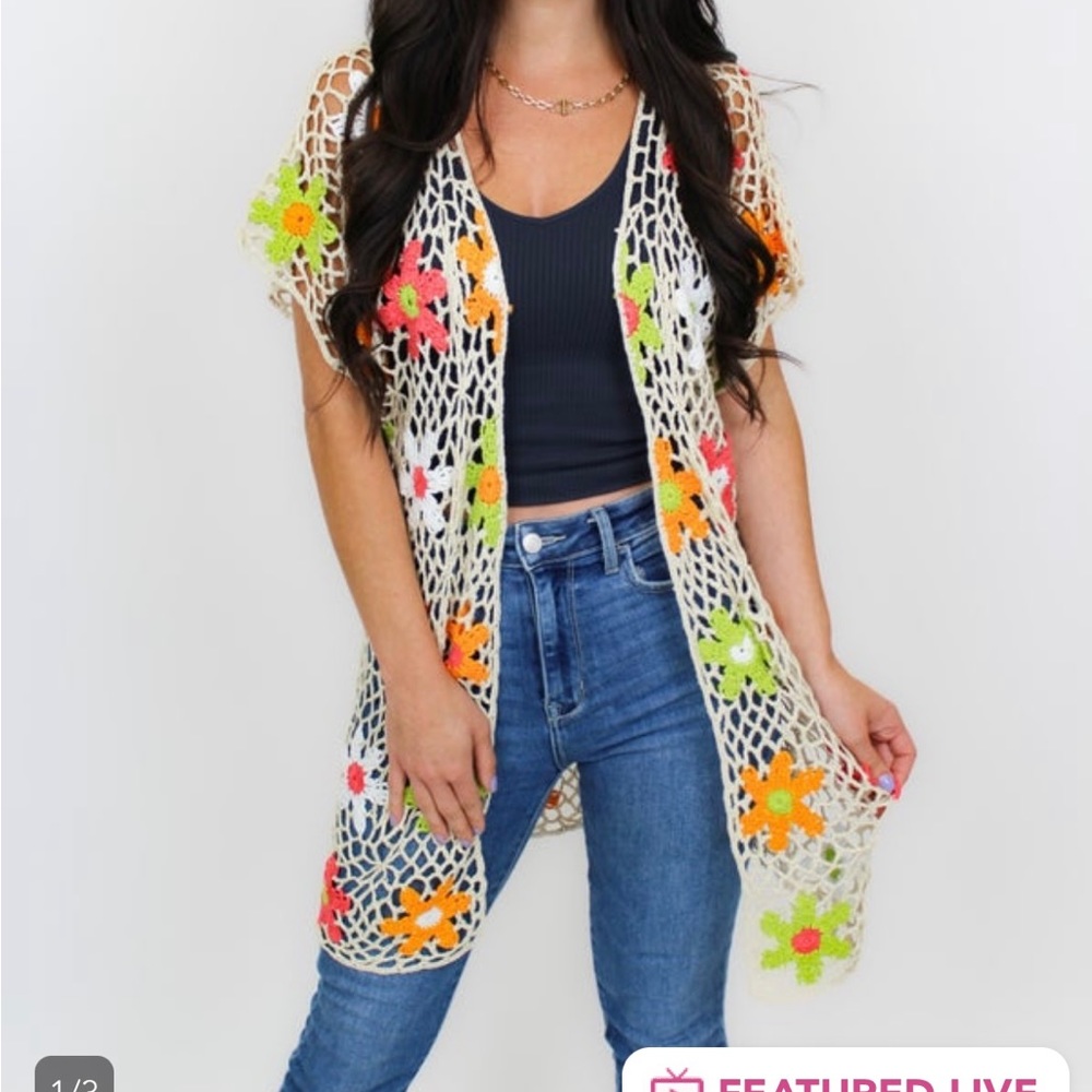 BIBI medium crocheted, flower, beige cardigan, orange, pink and  green flowers